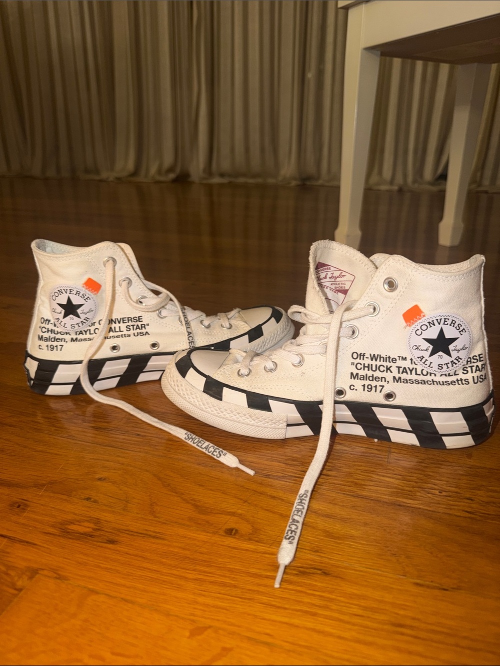 Off-White x Converse White High-Top Sneakers with Black Checker Stripe